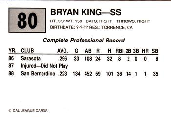 1989 Cal League #80 Bryan King Back