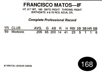 1990 Cal League #168 Francisco Matos Back