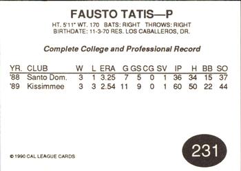 1990 Cal League #231 Fausto Tatis Back
