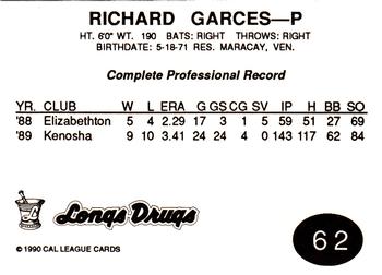 1990 Cal League #62 Richard Garces Back