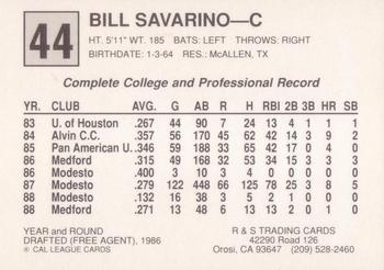 1989 Cal League All-Stars #44 Bill Savarino Back