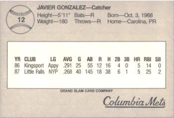 1988 Grand Slam Columbia Mets #12 Javier Gonzalez Back