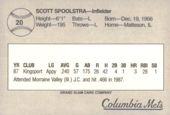 1988 Grand Slam Columbia Mets #20 Scott Spoolstra Back