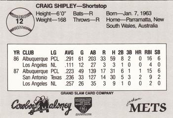1988 Grand Slam Jackson Mets #12 Craig Shipley Back