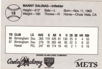 1988 Grand Slam Jackson Mets #18 Manny Salinas Back