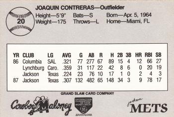 1988 Grand Slam Jackson Mets #20 Joaquin Contreras Back