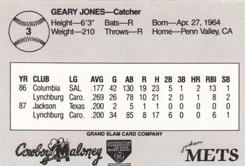 1988 Grand Slam Jackson Mets #3 Geary Jones Back
