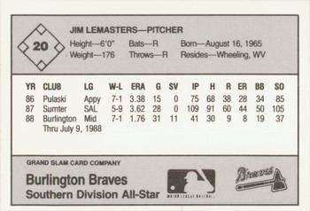 1988 Grand Slam Midwest League All-Stars #20 Jim Lemasters Back