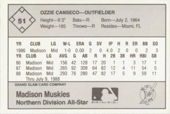 1988 Grand Slam Midwest League All-Stars #51 Ozzie Canseco Back