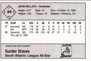 1988 Grand Slam South Atlantic League All-Stars #25 John Sellick Back
