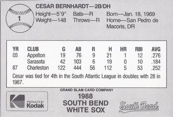 1988 Grand Slam South Bend White Sox #1 Cesar Bernhardt Back