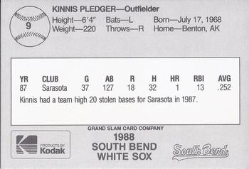 1988 Grand Slam South Bend White Sox #9 Kinnis Pledger Back