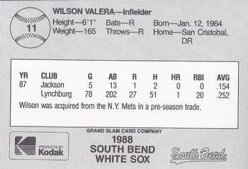 1988 Grand Slam South Bend White Sox #11 Wilson Valera Back