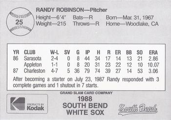 1988 Grand Slam South Bend White Sox #25 Randy Robinson Back