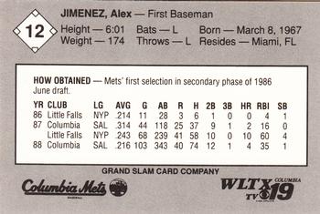 1989 Grand Slam Columbia Mets #12 Alex Jimenez Back