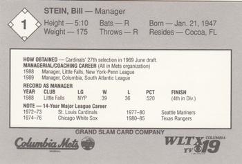 1989 Grand Slam Columbia Mets #1 Bill Stein Back