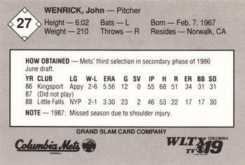 1989 Grand Slam Columbia Mets #27 John Wenrick Back