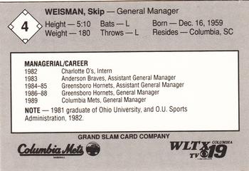 1989 Grand Slam Columbia Mets #4 Skip Weisman Back