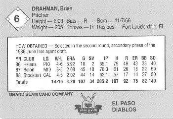 1989 Grand Slam El Paso Diablos #6 Brian Drahman Back