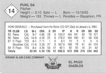 1989 Grand Slam El Paso Diablos #14 Ed Puig Back
