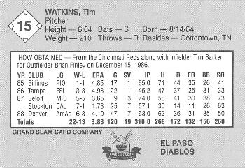 1989 Grand Slam El Paso Diablos #15 Tim Watkins Back