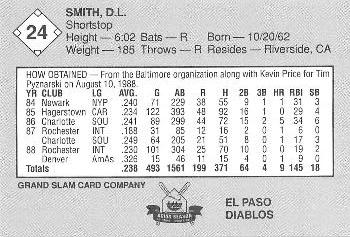 1989 Grand Slam El Paso Diablos #24 D.L. Smith Back