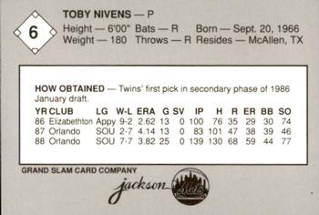 1989 Grand Slam Jackson Mets #6 Toby Nivens Back