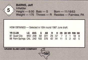 1989 Grand Slam Midland Angels #5 Jeff Barns Back