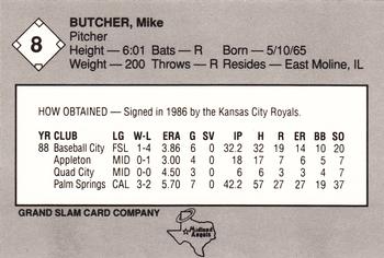 1989 Grand Slam Midland Angels #8 Mike Butcher Back