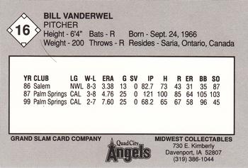 1989 Grand Slam Quad City Angels #16 Bill Vanderwel Back