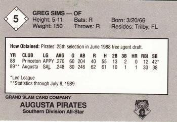 1989 Grand Slam South Atlantic League All-Stars #5 Greg Sims Back