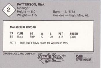 1989 Grand Slam South Bend White Sox #2 Rick Patterson Back