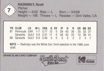 1989 Grand Slam South Bend White Sox #7 Scott Radinsky Back