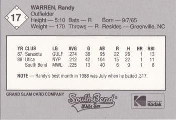 1989 Grand Slam South Bend White Sox #17 Randy Warren Back