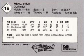 1989 Grand Slam South Bend White Sox #18 Steve Mehl Back