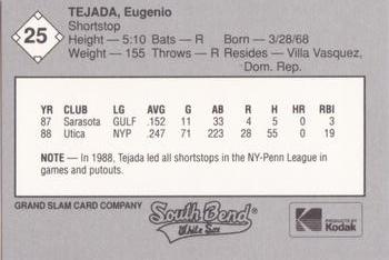 1989 Grand Slam South Bend White Sox #25 Eugenio Tejada Back