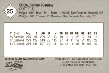 1989 Grand Slam Tulsa Drillers #25 Sammy Sosa Back