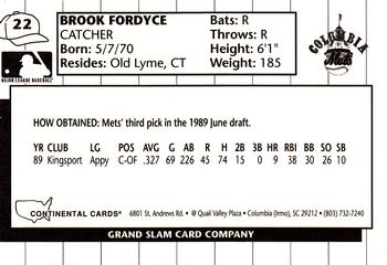1990 Grand Slam Columbia Mets #22 Brook Fordyce Back