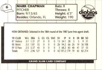 1990 Grand Slam El Paso Diablos #6 Mark Chapman Back