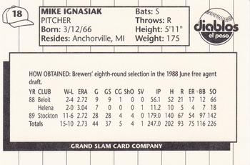 1990 Grand Slam El Paso Diablos #18 Mike Ignasiak Back
