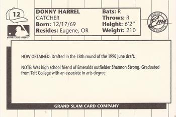1990 Grand Slam Eugene Emeralds #12 Donny Harrel Back