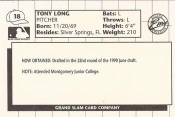 1990 Grand Slam Eugene Emeralds #18 Tony Long Back