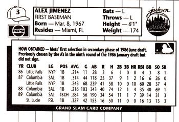 1990 Grand Slam Jackson Mets #3 Alex Jimenez Back