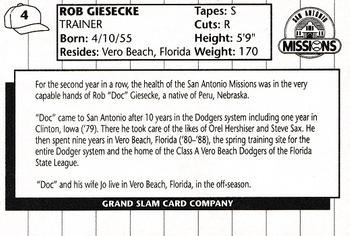 1990 Grand Slam San Antonio Missions #4 Rob Giesecke Back