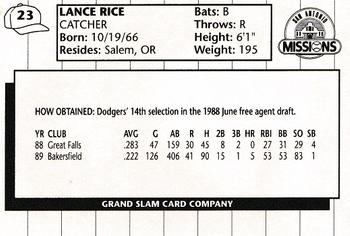 1990 Grand Slam San Antonio Missions #23 Lance Rice Back