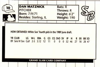 1990 Grand Slam South Bend White Sox #10 Dan Matznick Back