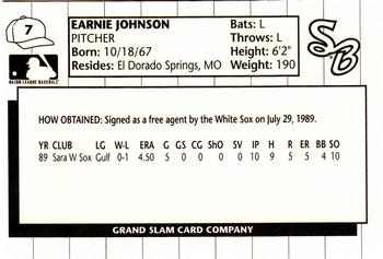 1990 Grand Slam South Bend White Sox #7 Earnie Johnson Back