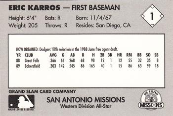 1990 Grand Slam Texas League All-Stars #1 Eric Karros Back