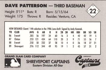 1990 Grand Slam Texas League All-Stars #22 Dave Patterson Back
