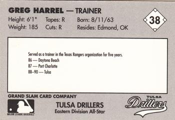 1990 Grand Slam Texas League All-Stars #38 Greg Harrel Back
